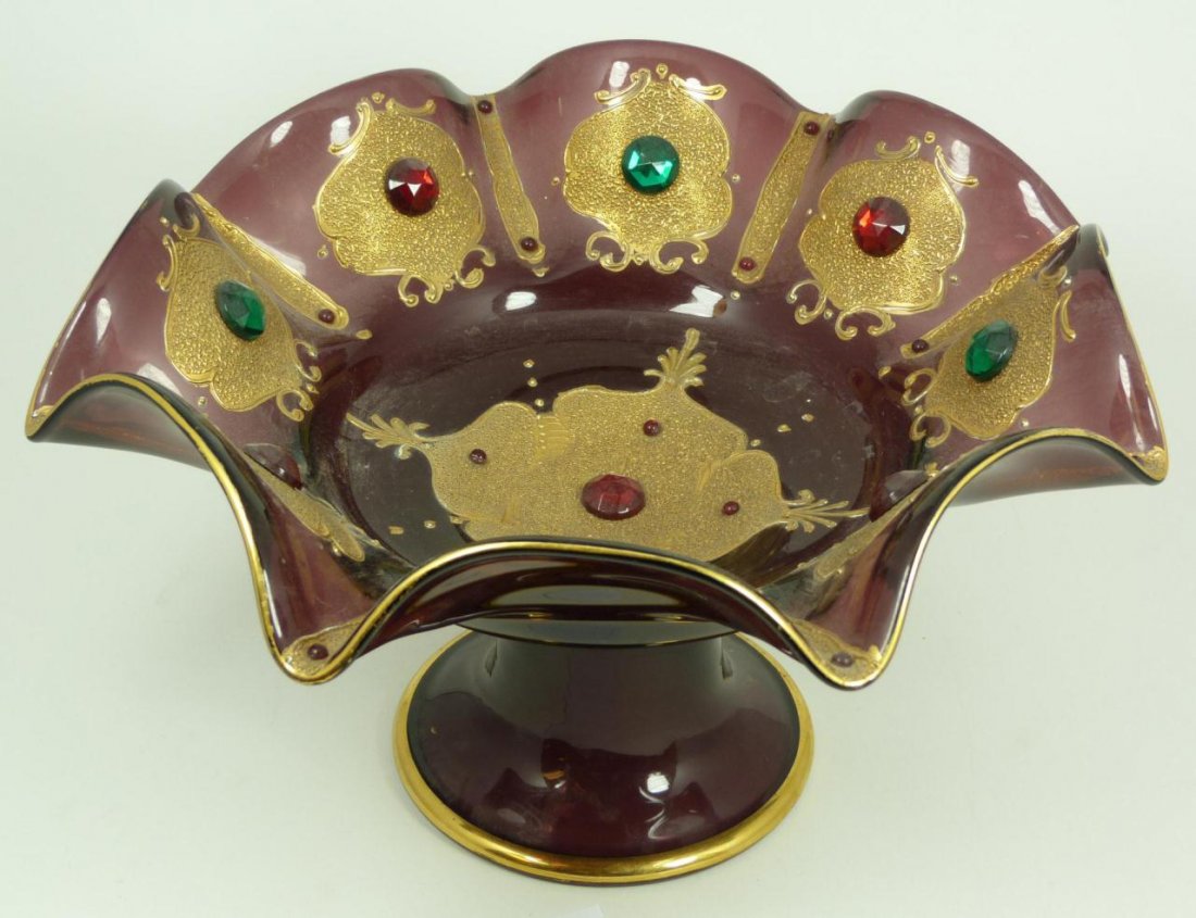 OLD FRENCH GILDED & JEWELED ART GLASS COMPOTE: Old French gilded and jeweled purple art glass compote having a ruffled rim. 19th/20th century. Measures 6 3/4" height x 12" diameter (17.1cm x 30.4cm). Total weight of 1313 grams.