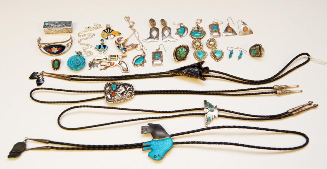 27 PIECE STERLING SILVER & TURQUOISE JEWELRY LOT: Lot of 27 pieces of sterling silver and turquoise jewelry pieces. Lot includes 4 bolo ties, inlay bangle bracelet, an old German 800 silver chased lipstick case, flower and bird pendants with chains, 