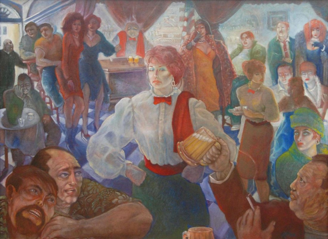 OIL PAINTING ON CANVAS OF BAR SCENE SIGNED KELLER: Oil painting on canvas depicting a bustling bar scene with unhappy bar maid as the subject. Signed 'Keller' to lower right. Measures 36" height x 48" width + 4 1/4" frame (91.4cm x 121.9cm + 10.7cm).