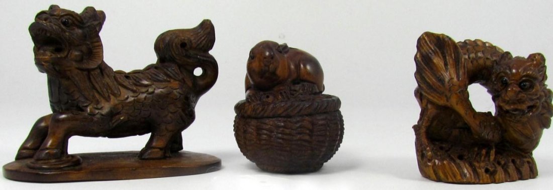 3 JAPANESE CARVED BOXWOOD STUDIES & NETSUKE: 3 Japanese hand carved boxwood figures including 2 studies and netsuke. Lot includes a carved kylin beast study and a dragon on rock formation study. Each study signed to bottom. Lot also includes a n