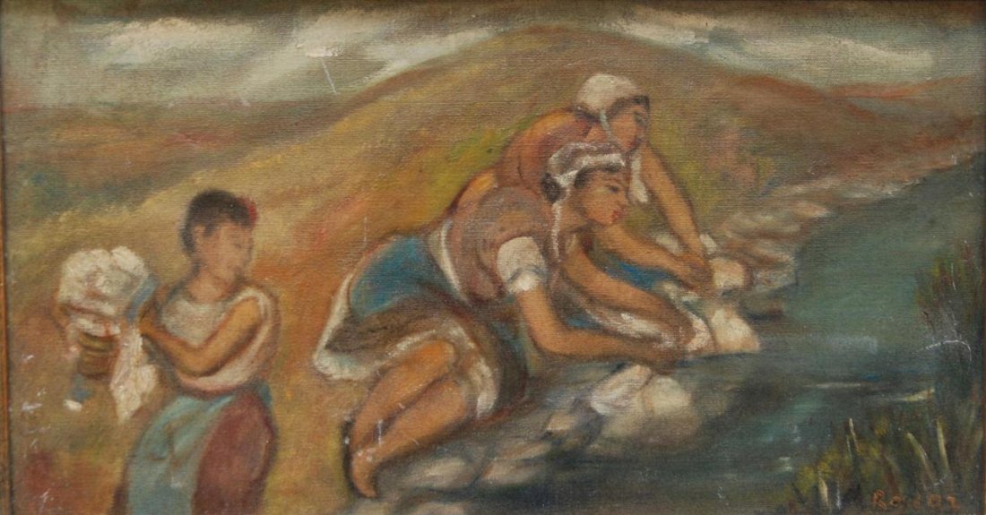 FRANCISCO RODON OIL PAINTING ON CANVAS OF WASHERS: Francisco Rodon (AMERICAN (PUERTO RICAN), 1934-) oil painting on canvas depicting women washing garments in a river. Mounted in wooden gilded frame. Measures 11" height x 20" width + 1 1/4" frame (27.