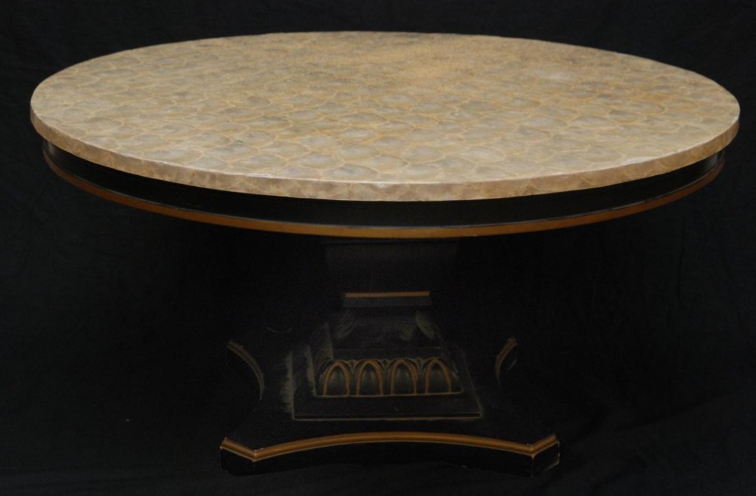 OLD MOTHER OF PEARL SHELL TOP ROUND TABLE: An old mother of pearl round top table having a shell design. Mid to early 20th century. Measures 18 1/2" height x 36" diameter (46.9cm x 91.4cm).