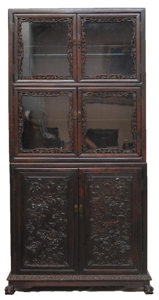 6 DOOR CHINESE WOODEN GLASS FRONT HUTCH: Chinese wooden 6 door hutch. Top four glass screen doors house three glass shelves. The two bottom doors have a high relief floral design. Behind the two bottom doors are two shelves and two drawers. 