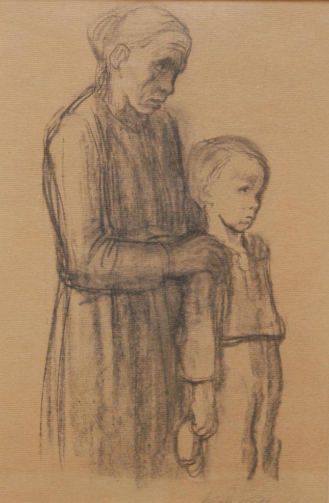 KATHE KOLLWITZ CHARCOAL/PAPER OF WOMAN & CHILD: Käthe Kollwitz (GERMAN, 1867-1945) charcoal on paper of a woman with an upset young boy. Signed to lower right. Mounted in gilded wooden frame behind screen. Measures 13 1/2" height 8 3/4" width + 3"