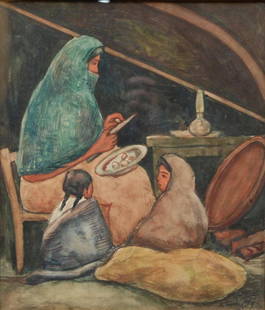 MORRIS TOPCHEVSKY WATERCOLOR OF WOMAN & CHILDREN: Morris Topchevsky (POLISH/AMERICAN, 1899 - 1947) watercolor on paper depicting a residential scene of a woman cutting food with two children seated next to her on the floor. Signed lower right and dat