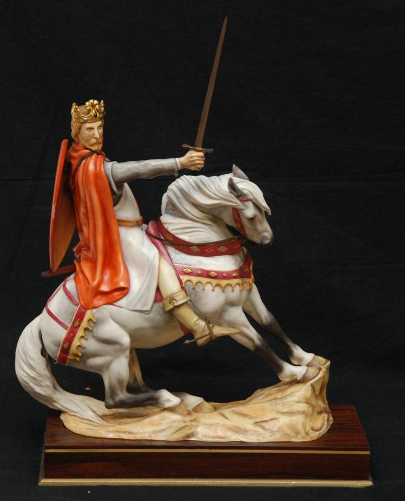 ROYAL WORCESTER 'RICHARD COEUR DE LION' FIGURE: Royal Worcester English porcelain figure of Richard Coeur de Lion on horseback with raised sword in right hand. Includes fitted wooden base with name plaque. Dated 1978 on bottom. Marked number 1 on b