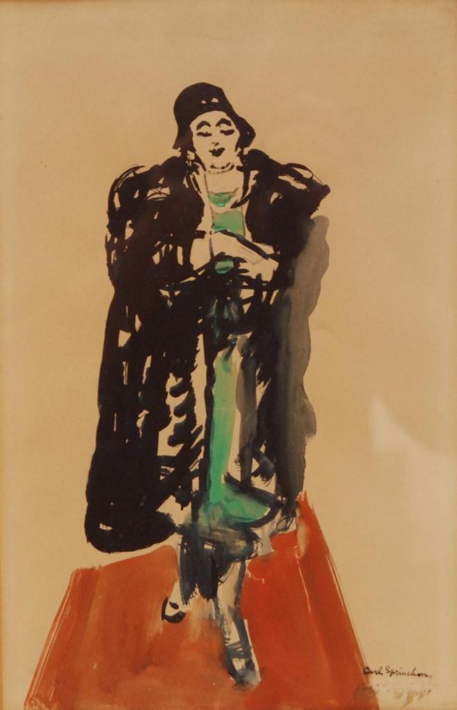 CARL SPRINCHORN WATERCOLOR PAINTING OF WOMAN: Carl Sprinchorn (AMERICAN, 1887-1971) watercolor painting depicting a woman wearing a black coat. Signed on lower right. 14" height x 9" width + 4" mat & frame (35.5cm x 22.8cm + 10.1cm). Provenance: 