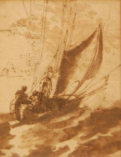 LODOVICO CARRACCI 'SAILBOAT & LANDSCAPE' DRAWING: Lodovico Carracci (ITALIAN 1555-1619) pen, ink, and sepia wash depicting a sailboat on the water. Pencil signed in upper right. Mounted in gilded wooden frame behind glass. Measures 6 3/4 inch height