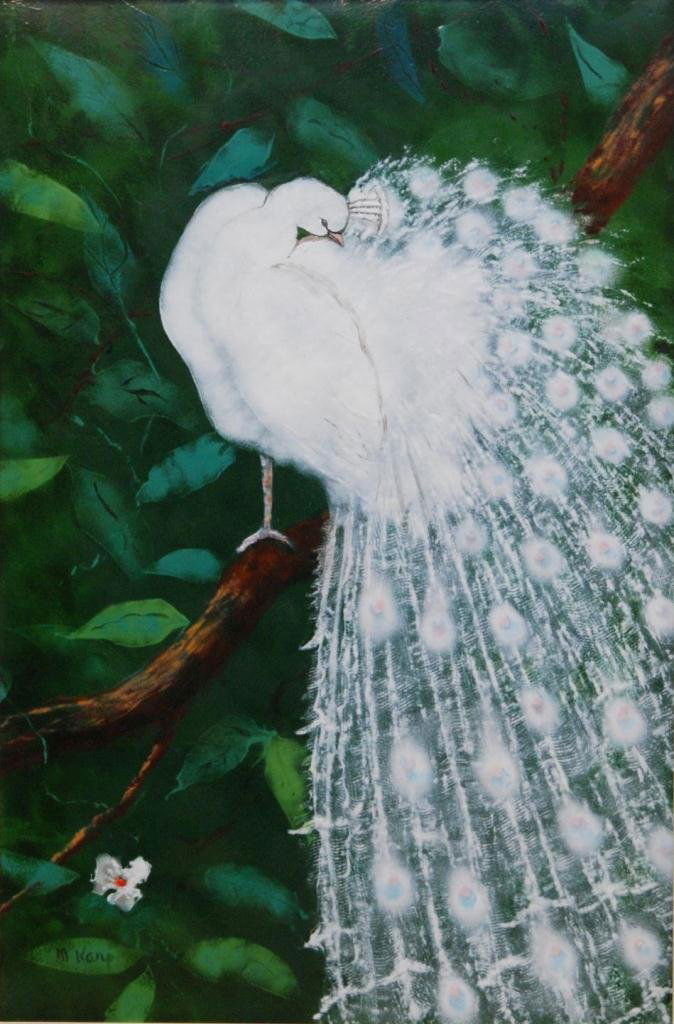 MAX KARP ENAMEL ON COPPER OF WHITE PEACOCK: Max Karp (AMERICAN 1916- ) enamel painting on copper of a peacock on a tree branch with leaves and flower in the background. Signed lower left. Mounted in wooden, silver and gold tone frame. Measures