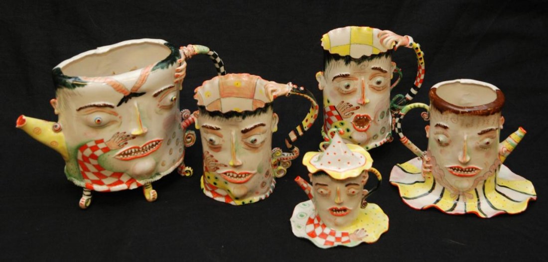 5 PC IRINA ZAYTCEVA FIGURAL PORCELAIN TEA SET: Irina Zaytceva 5 piece figural face tea set. Includes tea pot, coffee pot, creamer, and two mugs. Each piece signed and/or marked. One mug has 'I love you' written on the interior and back of mug is m