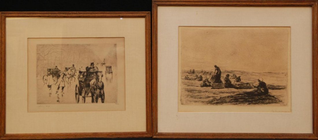 2 19th CENTURY SIGNED ETCHINGS: Lot of 2 19th Century signed etchings, one depicting women in a hay field, pencil signed lower right. The other depicts a stagecoach scene with an early motor car. Pencil signed lower left. Numbered 4
