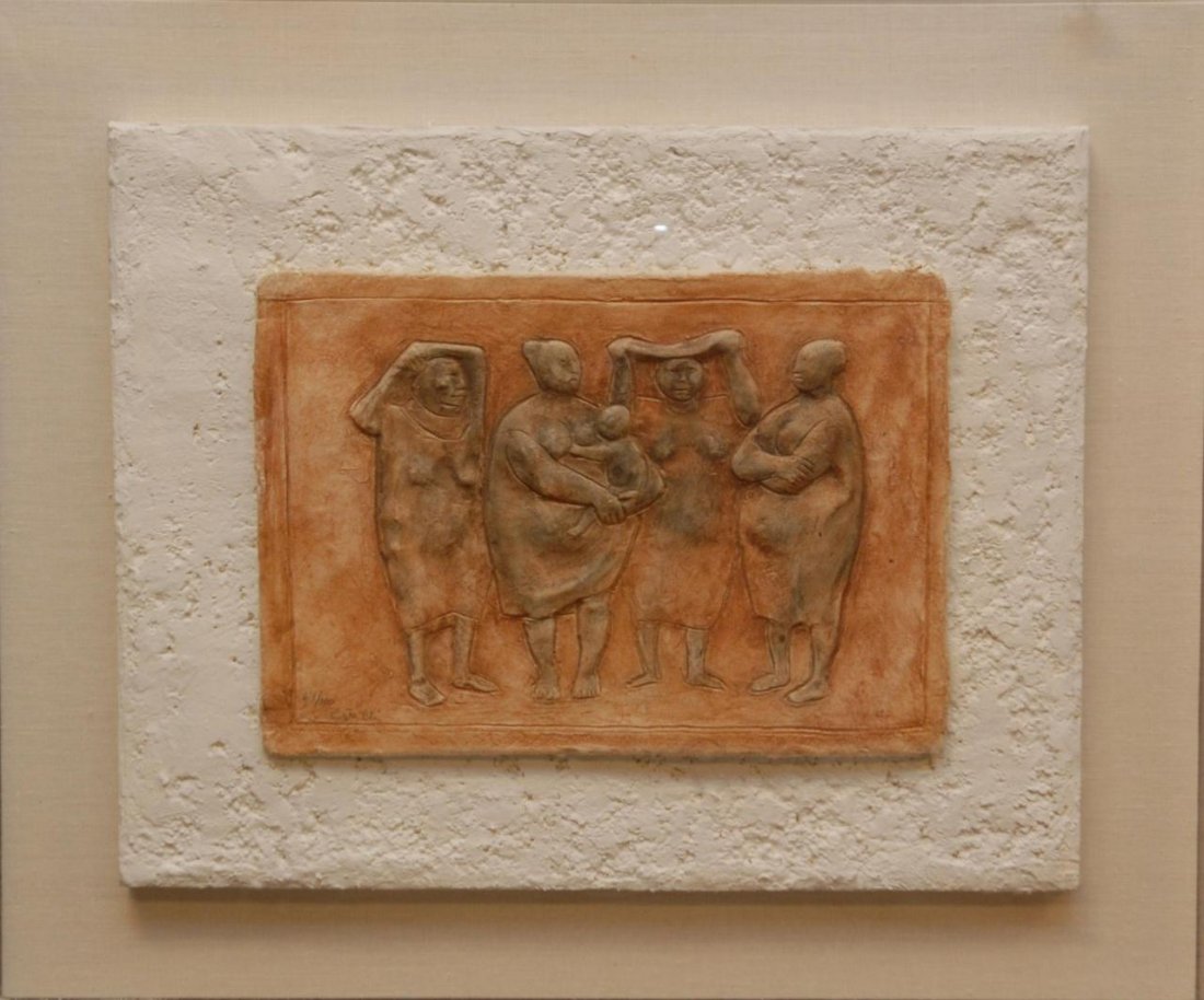 FRANCISCO ZUNIGA MIXOGRAPH SIGNED & NUMBERED: Francisco Zuniga (MEXICAN, 1912-1998) mixograph depicting women and children. Signed and numbered to lower left. Mounted to plaster board and matting behind Lucite case. Measures 18" height x 23" widt