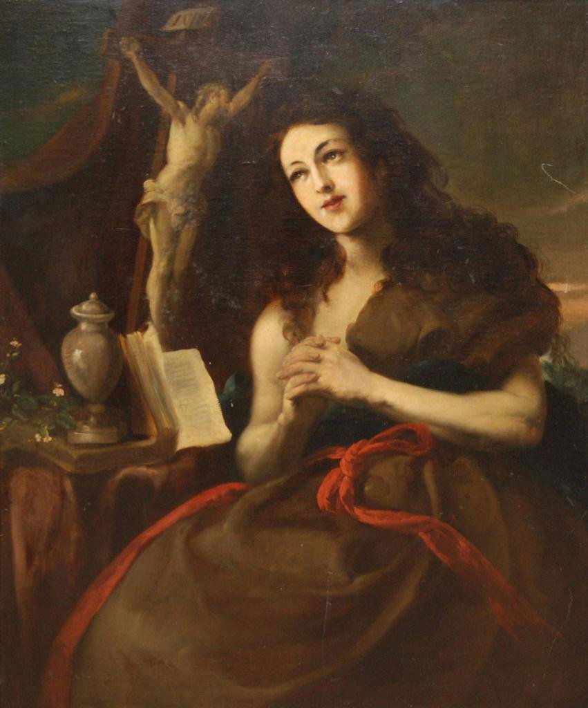 20th C OIL PAINTING ON PANEL ATTR. JOSE DE LA VEGA: 20th Century religious oil painting on panel depicting a woman praying with crucifix in background. Attributed to Jose Louis Gutierrez de la Vega (MEXICAN, 1900-?). Measures 39 3/4" height x 32 3/4" w