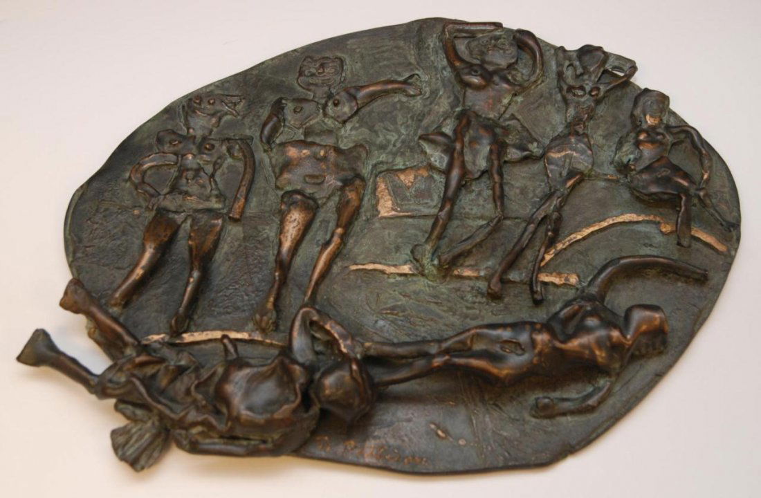 ABBOT PATTISON SIGNED BRONZE PLAQUE OF NUDES: Abbott Pattison (AMERICAN, 1916-1999) heavy bronze plaque with a raised design depicting nudes. Signed to lower center. Measures 14" height x 19 1/2" width (35.5cm x 49.5cm).