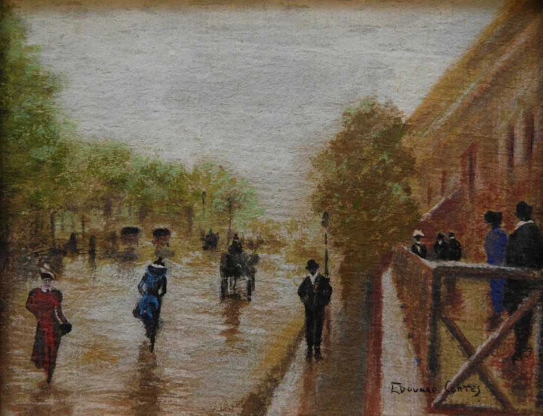 EDOUARD CORTES FRENCH GOUACHE ON BOARD: Edouard Léon Cortès (FRENCH, 1882-1969) gouache on board depicting a French street scene. Signed on lower right. Measures 7 1/2" height x 9 1/2" width + 5 1/2" frame (19cm x 24.1cm x 13.9cm).