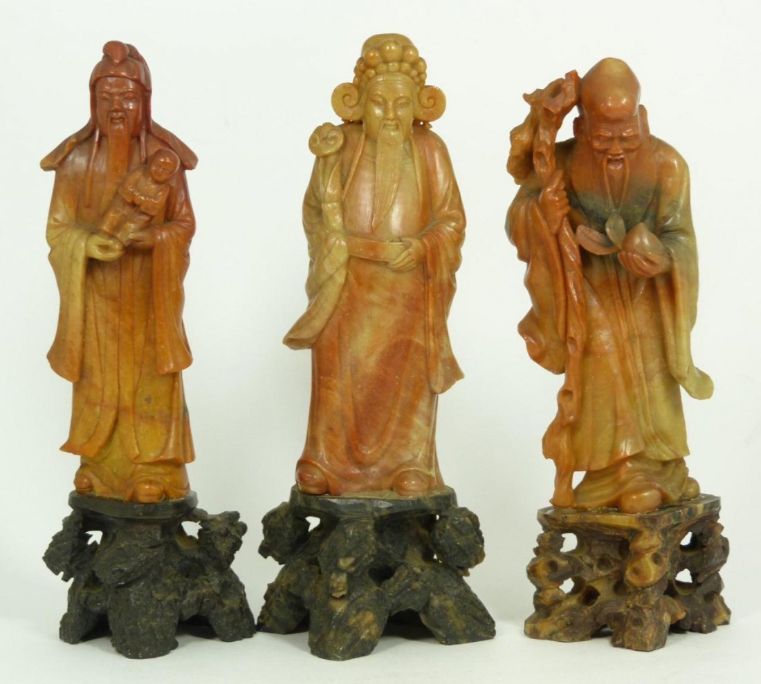 3 CHINESE CARVED SOAPSTONE STAR GOD FIGURES: Lot of 3 Chinese hand carved soapstone figures depicting the three Star Gods: Fu, Lou and Shou Xing. Each with a carved soapstone base. 19th/20th century. Each approx. 7 1/2" height + 2 1/2" base heig