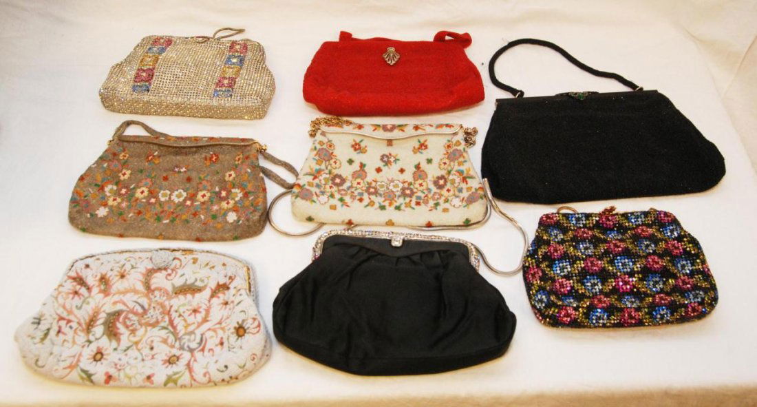 8 VINTAGE BEADED & JEWELED PURSES: Lot of 8 vintage beaded & jeweled purses including three Morabito, Paris purses, a Chunn, Paris purse and three Austrian made purses. Largest measures approx. 11 1/2" width x 7" height (29.2cm x 17.8c