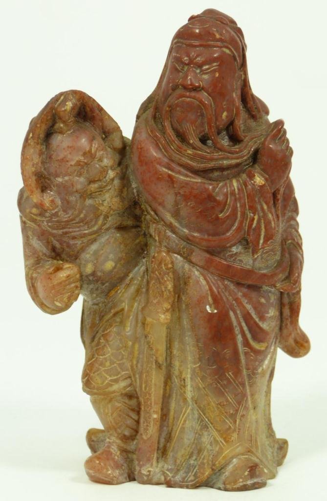 CHINESE HAND CARVED SOAPSTONE FIGURE: Hand carved Chinese soapstone group figure depicting a General Guan Yu with servant. Late Qing to Republic period. Measures 4 3/8" height (11.1cm). Total weight of 296 grams.