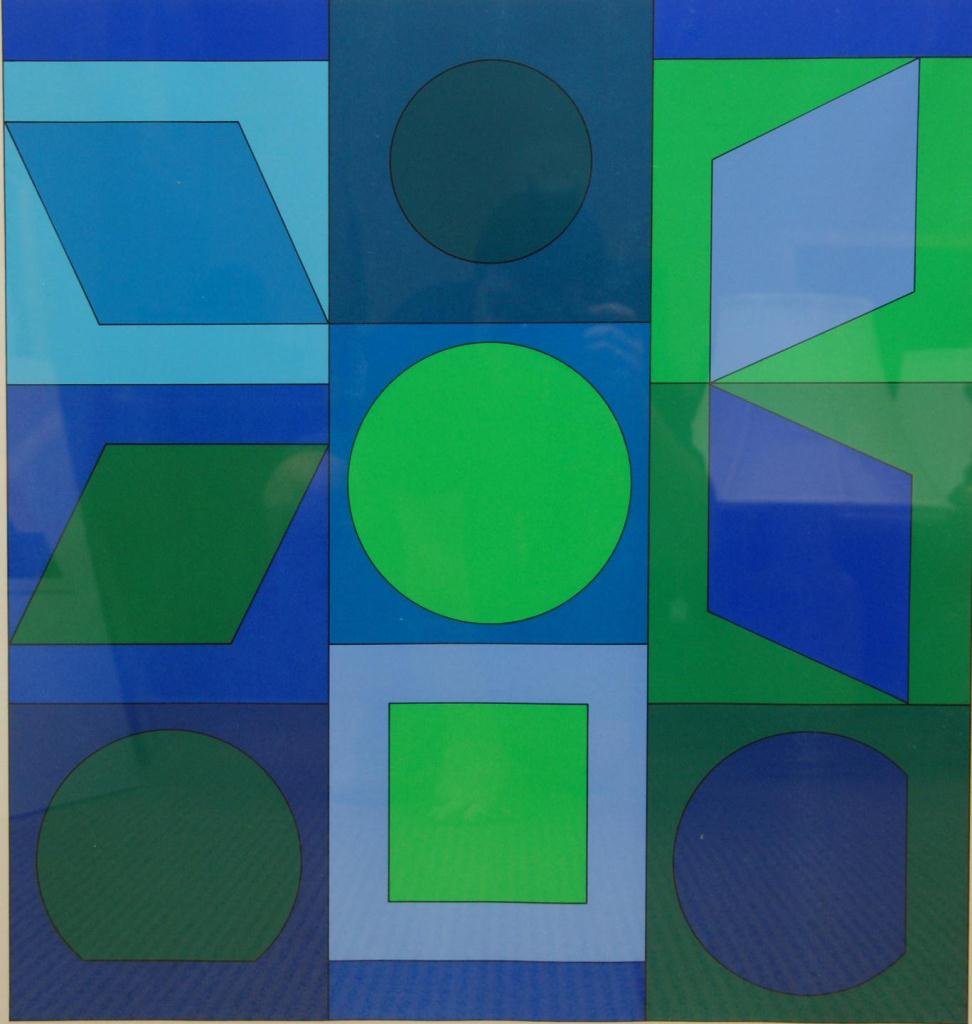 VICTOR VASARELY LIMITED EDITION LITHOGRAPH: Victor Vasarely (FRENCH/HUNGARIAN, 1906-1997) limited edition lithograph depicting geometric shapes. Hand signed lower right. Numbered 81/150 lower left. Mounted in metallic frame behind screen. Measu