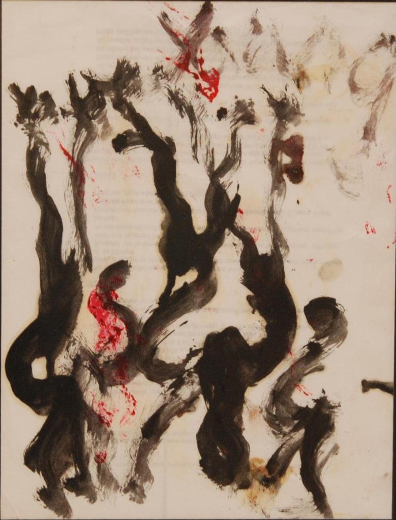 PURVIS YOUNG MOD NATIVE OIL ON PAPER OF FIGURES: Purvis Young (AMERICAN, 1943-2010) mod native oil painting on paper of figures. Verso of paper has typed words. Mounted in white wooden frame behind screen. Measures 10 1/2 8 + 3 1/2" mat & frame (26.