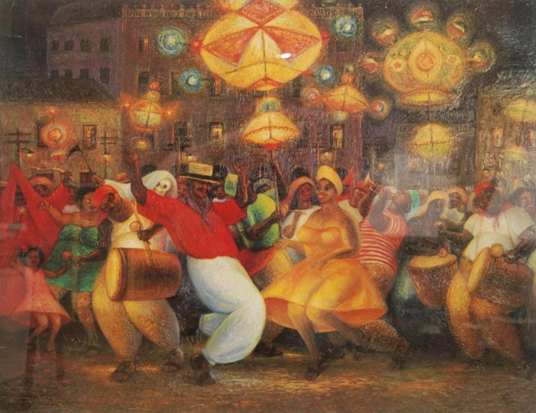 HECTOR MOLNE ORIGINAL 'CONGA' LITHOGRAPH: Hector Molné (CUBAN, 1937- ) original lithograph entitled 'Conga'. Depicts a city street scene with people dancing and band playing. Mounted on board with acrylic encasing. Measures 28" height x 34" 