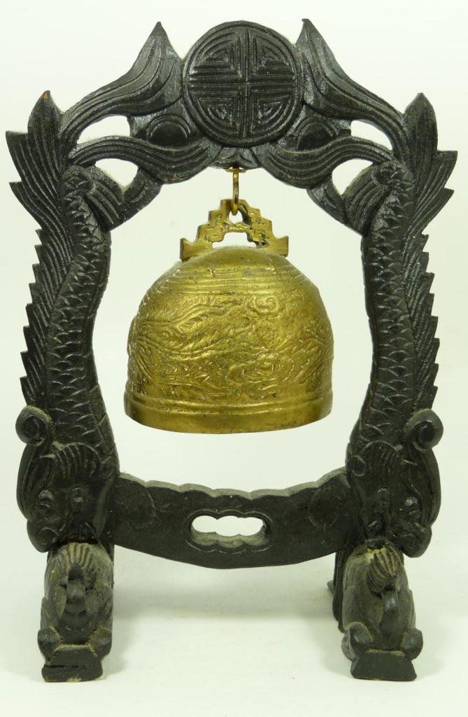 CHINESE BRASS BELL ON CARVED WOOD STAND