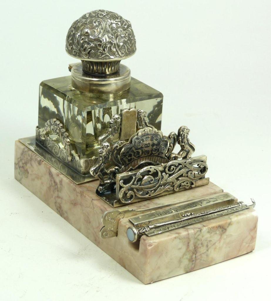 RUSSIAN SILVER CRYSTAL & MARBLE JUDAICA INKWELL: Judaica silver inkwell having a cut crystal inkwell with hinged repousse silver cover and frame. Has silver card holder, letter opener and pen. Holds 84 silver purity marks with 1879 assayer mark with