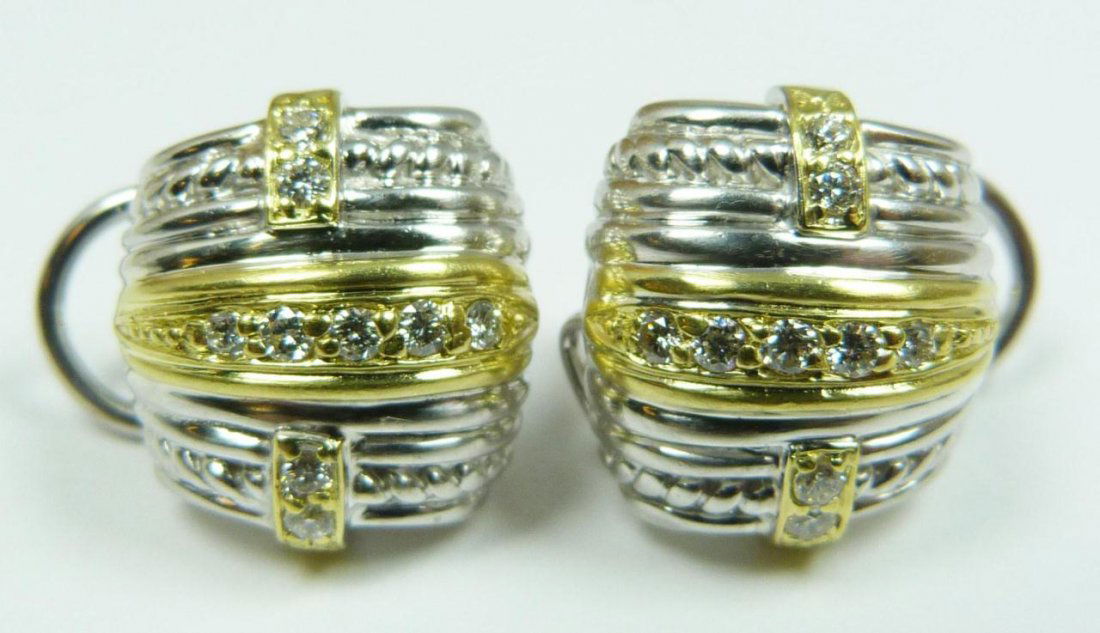 Pr OF JUDITH RIPKA 18K SILVER & DIAMOND EARRINGS: A beautiful pair of Judith Ripka 18k yellow gold and sterling silver diamond earrings. Earrings hold a total of 18 round cut white diamonds approx. 0.36ctw. Omega backs. Each measures approx. 5/8" wid