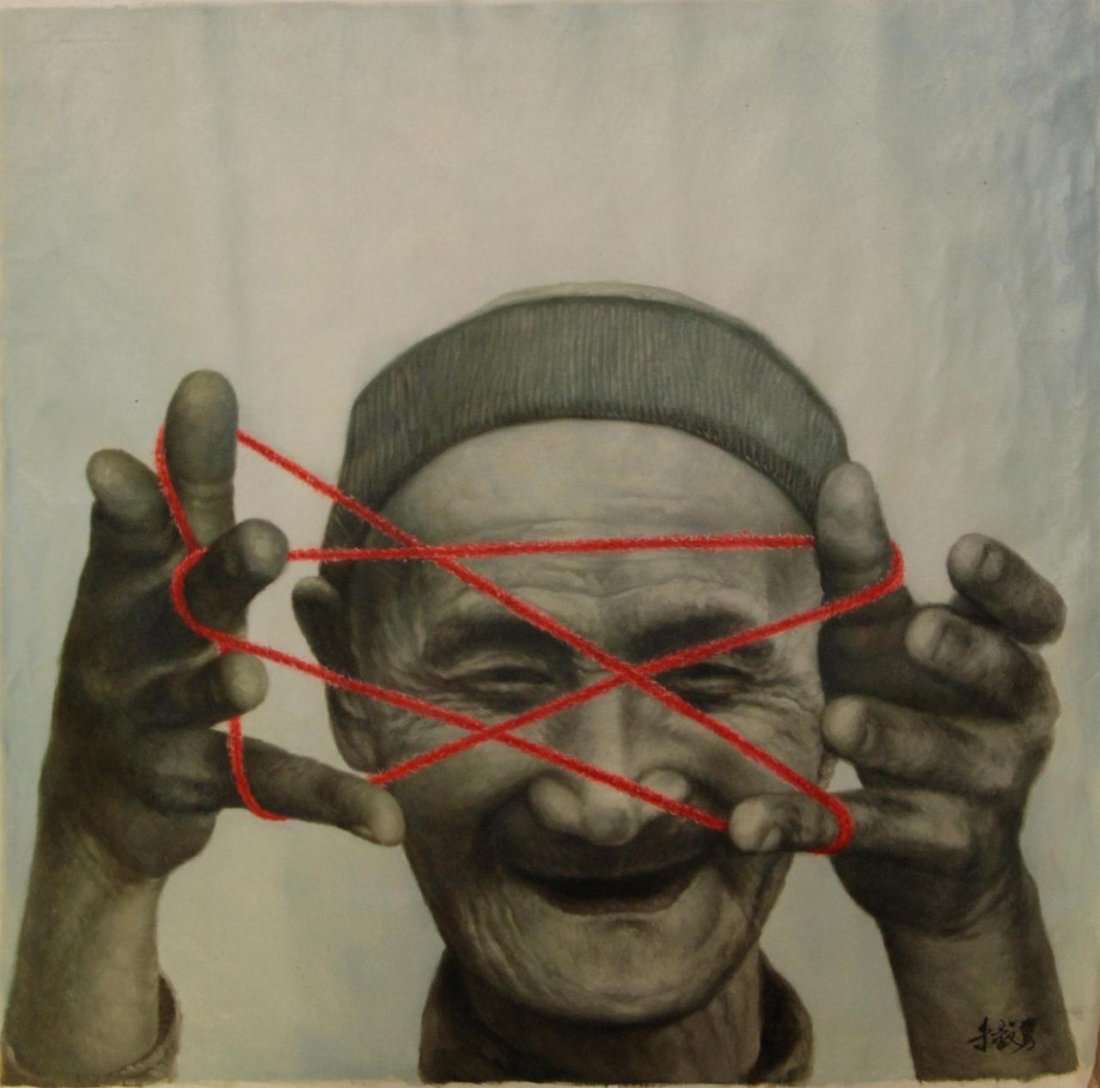 AFTER ZHU YI YONG OIL ON CANVAS: Oil painting on canvas after Zhu Yi Yong (CHINESE 1957- ). Depicts an old man with red string in hands playing cat's cradle. Signed in calligraphy on lower right. Measures 34 inch height (86.4 cm) x 3