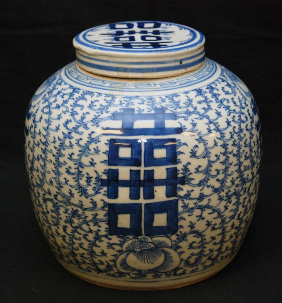 CHINESE BLUE & WHITE PORCELAIN LIDDED JAR: Chinese porcelain hand painted covered ginger jar with a lotus blossom with scrolled vines and symbol design. Mid to late Qing Dynasty period. Measures 9 3/8 inch height (23.8 cm) x 10 3/8 inch diamet