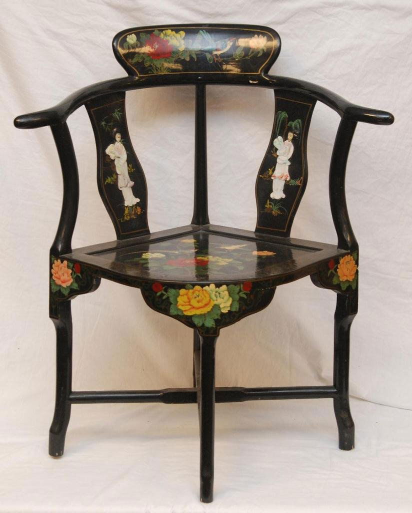 CHINESE BLACK LACQUER CORNER CHAIR W/ APPLIQUE: Chinese black lacquer corner chair with hand painted floral bird scenes and 4 applique mother of pearl maidens. Mid to early 20th Century. Measures 32 7/8 inch height (83.5 cm) x 27 5/8 inch width (70