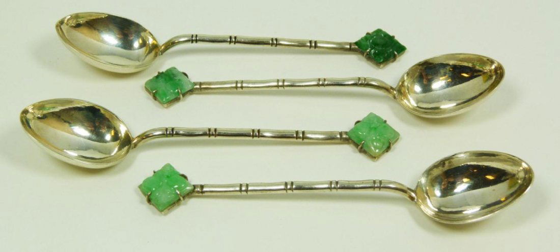 4 CHINESE 850 SILVER & JADEITE BAMBOO SPOONS: A lot of four Chinese 850 silver spoons, each having bamboo design to handle and diamond shaped white and apple green plaques set to ends of handles. Each hold calligraphy and 'TL' maker's marks. Each