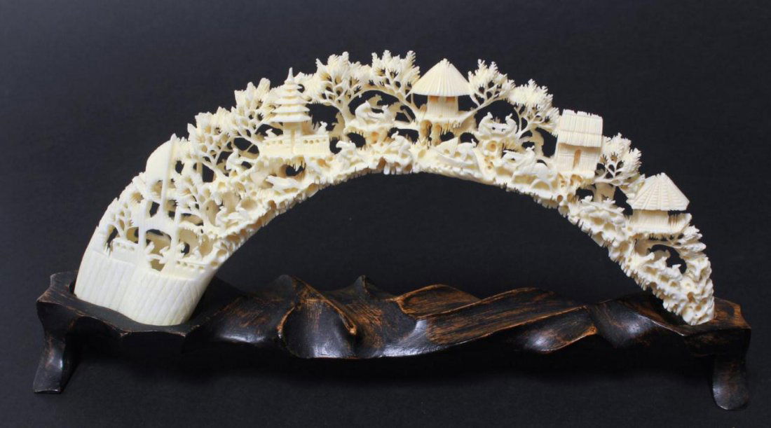 CHINESE CARVED IVORY VILLAGE TUSK