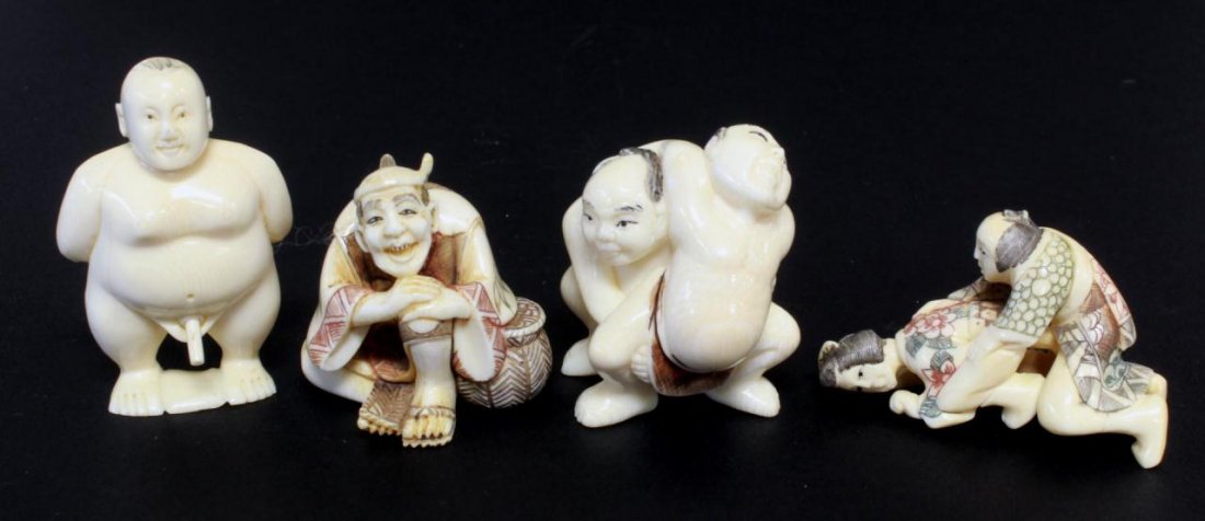 FOUR JAPANESE CARVED IVORY NETSUKE FIGURES: Lot of four Japanese hand carved and polychromed Netsuke figurines, including a nude man, a man and woman erotica, two sumo wrestlers, and a seated man. Each signed to bottom. 19th/20th century. Talle