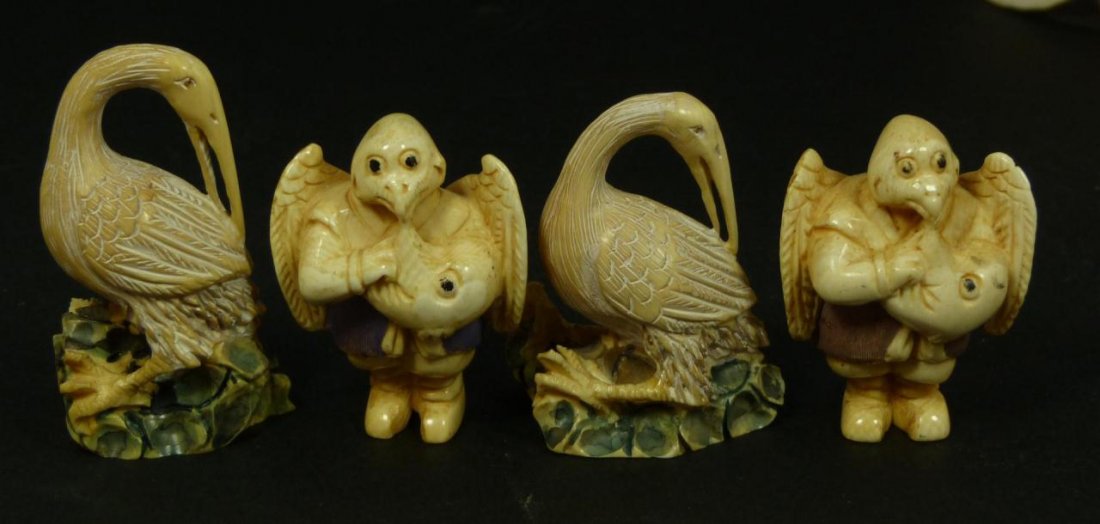 4 JAPANESE POLYCHROMED & CARVED IVORY NETSUKE: Lot of 4 Japanese hand carved and polychromed ivory figures depicting a pair of cranes and 2 kabuki theater bird figures. Each piece signed on bottom. Largest measures 2 1/2 inch height (6.4 cm). Tota