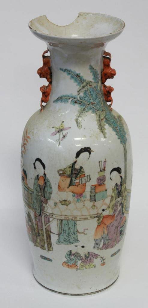 CHINESE FAMILLE ROSE PORCELAIN CALLIGRAPHY VASE: Antique Chinese hand painted enamel Famille Rose porcelain phoenix tail form vase with flared rim. Figural iron red foo lion with young handles. Mid to late Qing Dynasty, 18th/19th century. Measures 2