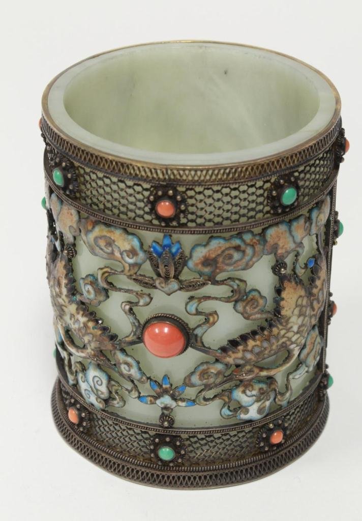 CHINESE VERMEIL SILVER ENAMEL JADE CANISTER: Old Chinese Vermeil silver and jade round canister. Has enameled cranes along lingzhi clouds set with red coral and turquoise cabochon beads throughout. Mottles white to pale green translucent jade in