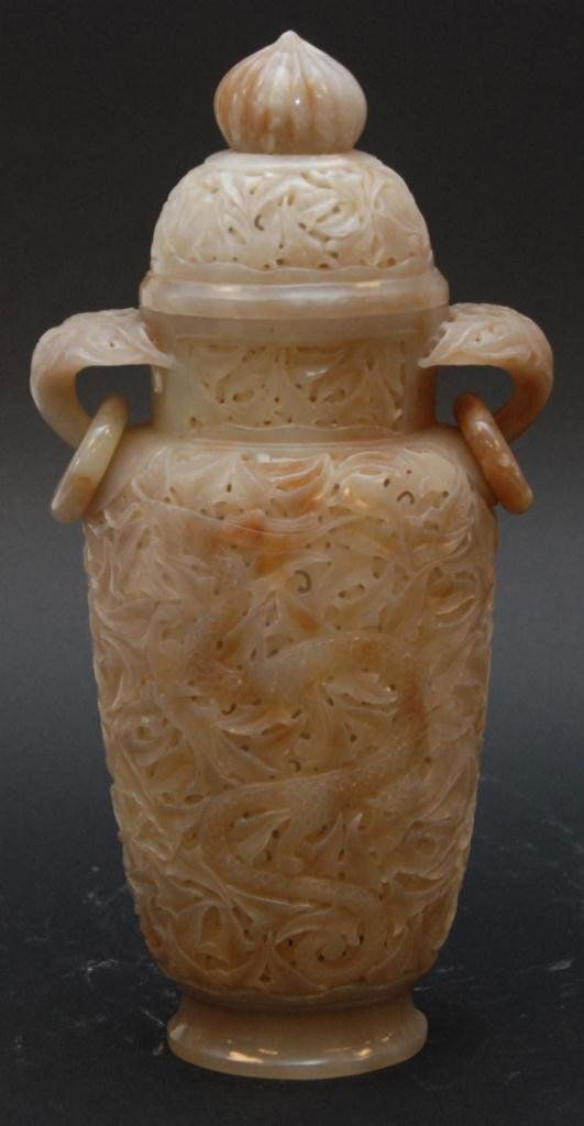 CHINESE CARVED JADE LIDDED VESSEL: 12" Height (30.48 cm)