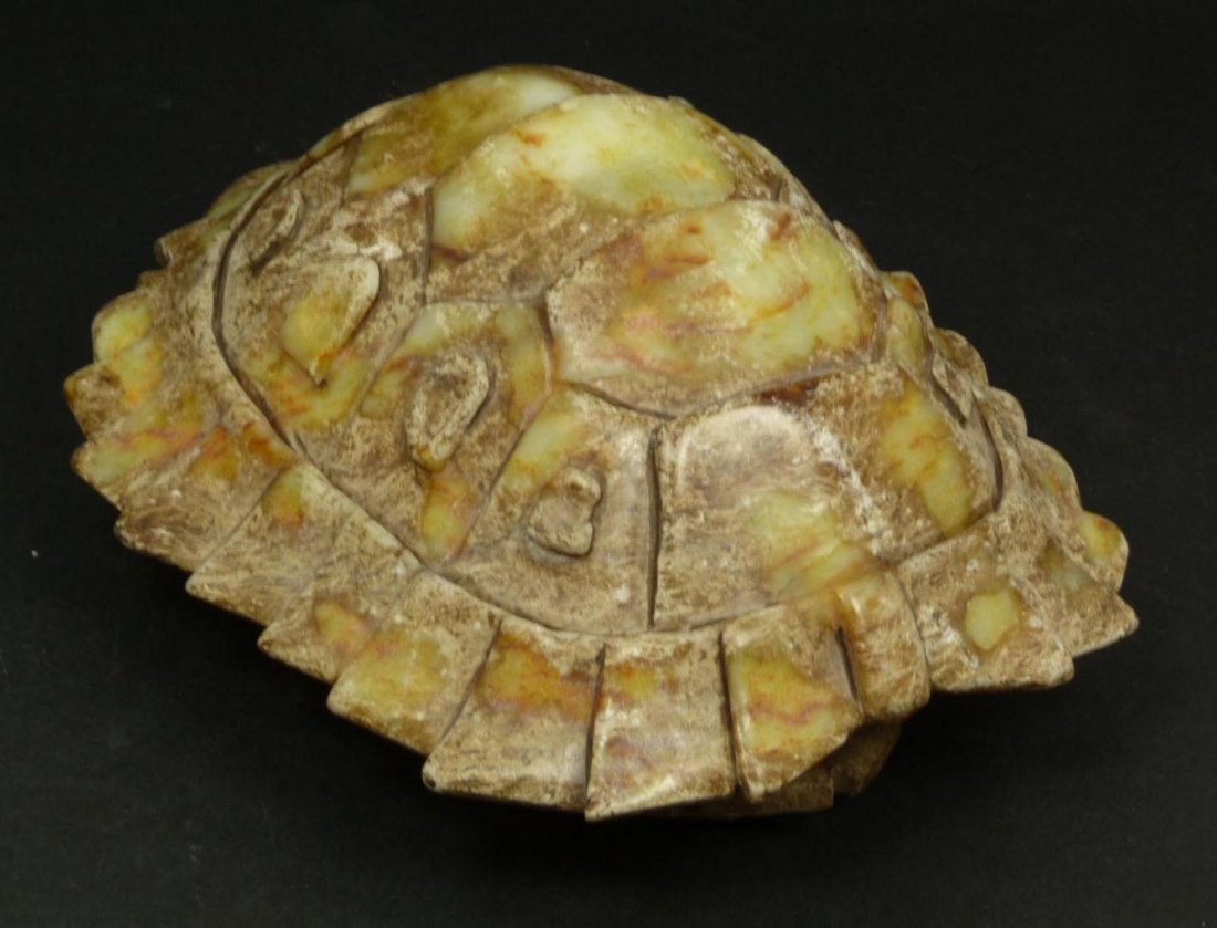 CARVED FIGURAL GREEN STONE TURTLE SHELL: Measures 4.5in(11.4cm) Height x 9.5in(24cm) Length x 7.5in(19cm) Width.