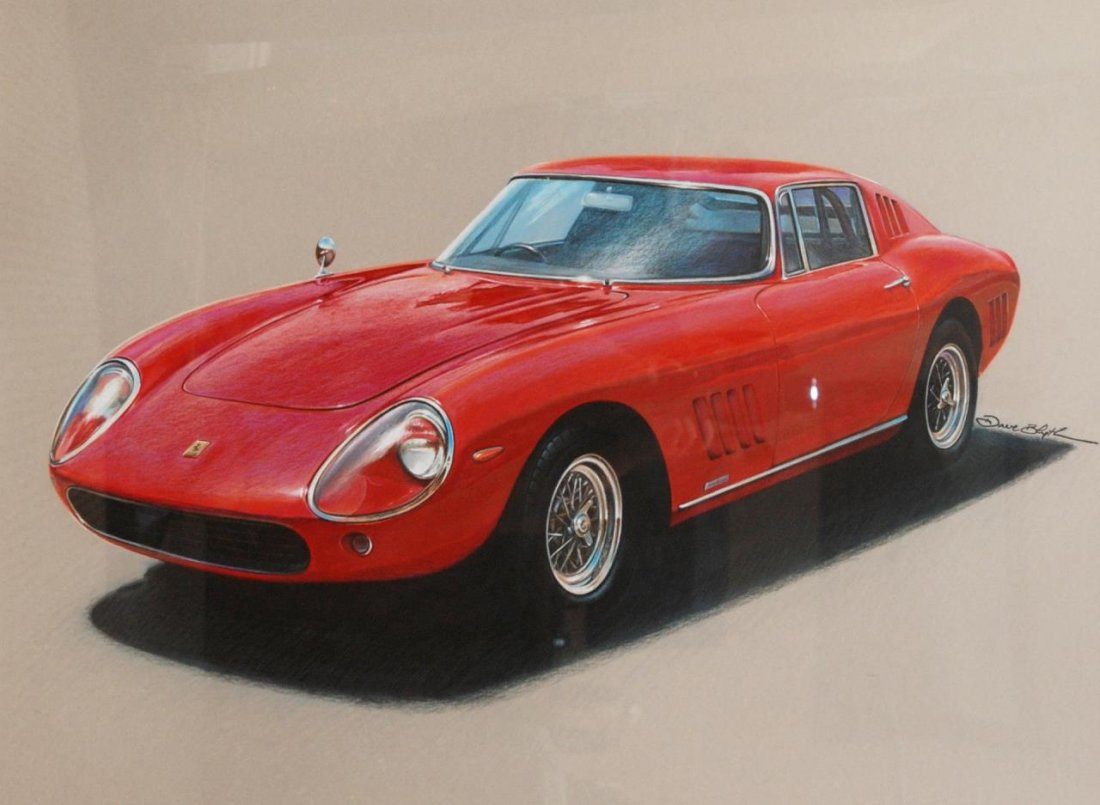 DAVE BLYTH ORIGINAL CHARCOAL & PASTEL OF FERRARI: David Blyth original charcoal and pastel on paper depicting a red Ferrari sports car. Signed to right hand side. Measures 38" height x 28" width + 3" mat & frame (96.5cm x 71.1cm + 7.6cm).