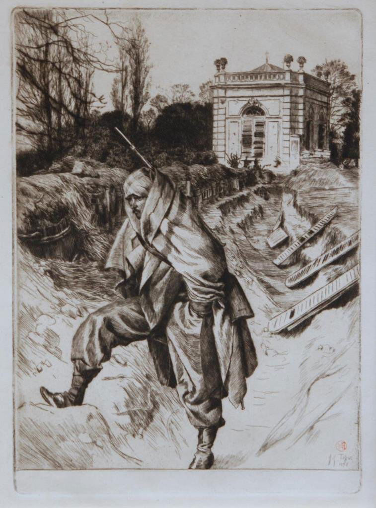 JAMES TISSOT 'GRAND'GARDE' ETCHING AND DRYPOINT: James Jacques Joseph Tissot (FRENCH, 1836-1902) etching and drypoint depicting a soldier standing in a trench. Titled 'Grand'garde'. Measures 11 1/2" height x 8 1/2" width + 4 3/4" mat & frame (29.2cm