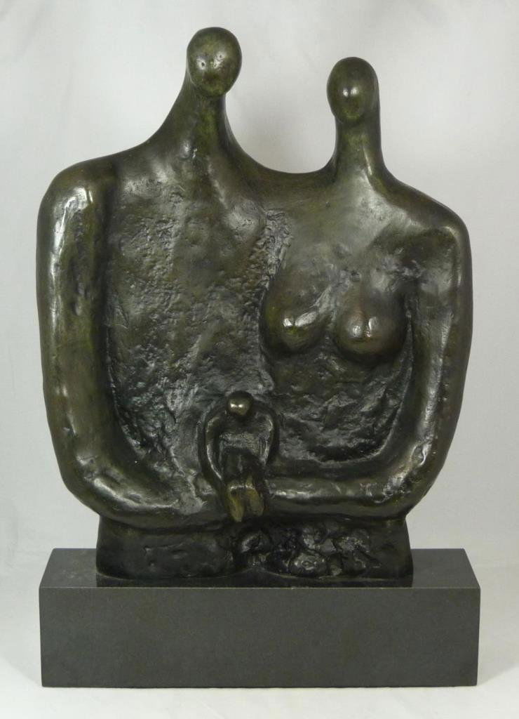 HENRY MOORE 'FAMILY' BRONZE SCULPTURE: Bronze sculpture depicting a family after Henry Moore (BRITISH, 1898-1986). Mounted on black marble base. Signed to back of bronze. Measures 17 1/2" height + 3 1/2" base height (44.4cm + 8.9cm).