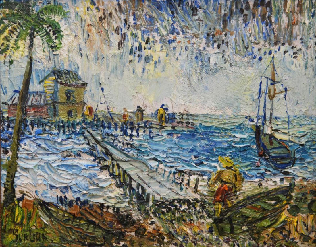 DAVID BURLIUK OIL PAINTING ON BOARD OF COAST: Oil painting on board depicting a coastal landscape scene with pier and boats. Signed to lower left. Attributed to David Davidovich Burliuk (RUSSIAN, 1882-1967). Measures 8" height x 10 1/2" width + 3