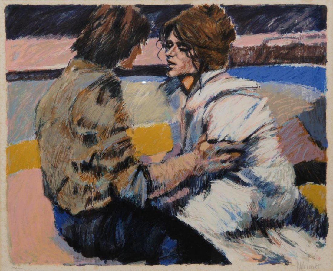 ALDO LUONGO LIMITED EDITION LITHOGRAPH OF LOVERS: Aldo Luongo (ARGENTINE, 1940) limited edition lithograph depicting a seated man and woman. Titled "Lovers". Pencil signed to lower right; pencil numbered 270/275 to lower left. Measures 28 1/2in (72.3