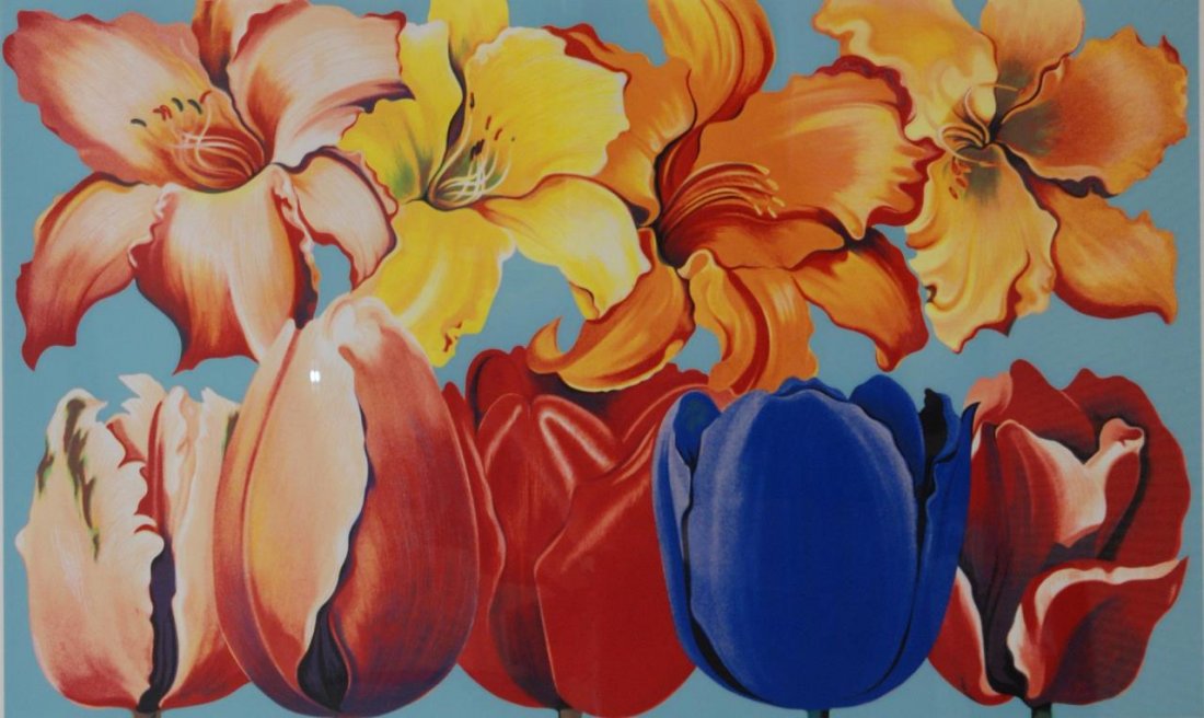 LOWELL NESBIT "LILIES" LITHOGRAPH 1980, SIGNED: Lowell Nesbitt (AMERICAN, 1933-1993) lithograph depicting lilies. Numbered lower left 77/200. Pencil signed to lower right and dated 1980. Mounted in gold metallic frame behind acrylic screen. Measure