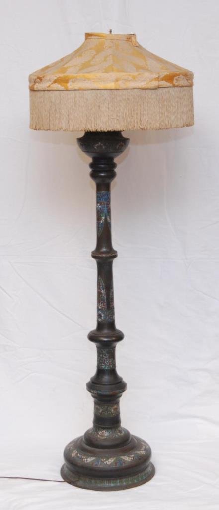 OLD CHINESE BRONZE CHAMPLEVE FLOOR LAMP: Old Chinese enameled bronze champleve floor lamp having a floral design throughout. Late Qing to Republic period, 19th to early 20th century. Measures 58" height (147.3cm).