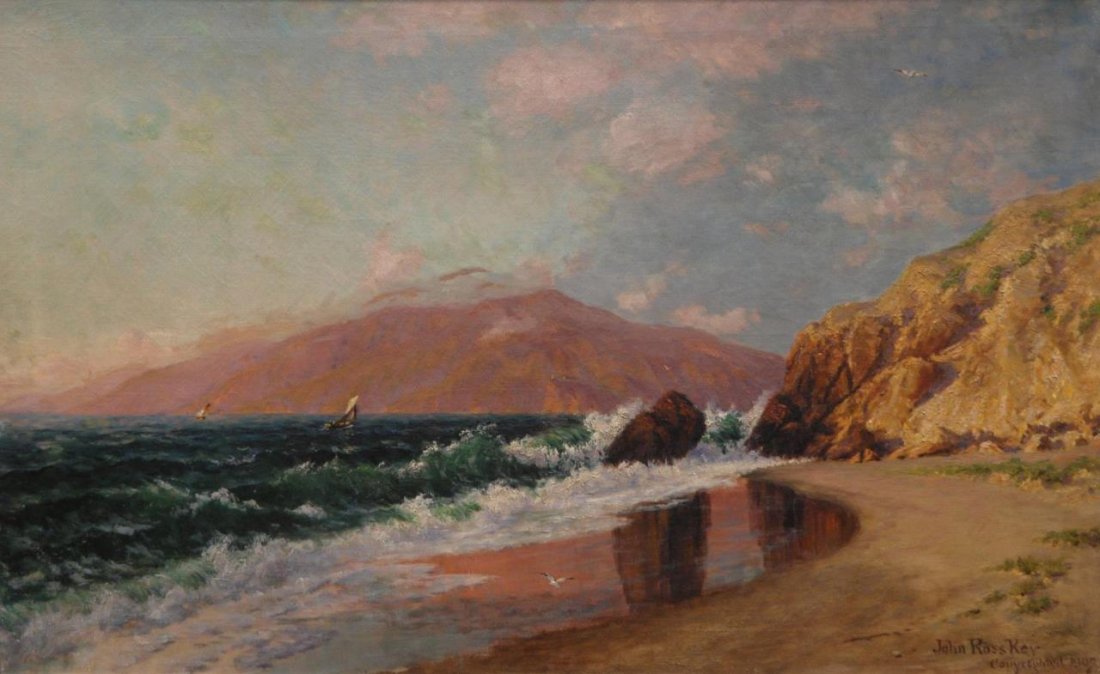 JOHN ROSS KEY OIL PAINTING COASTAL SHORE SCENE: John Ross Key (AMERICAN, 1837-1920) oil painting on canvas depicting coastal shore landscape scene. Signed and dated 1907 to lower right. Measures 23 1/2" height x 38" width + 3" frame (59.7cm x 96.5c