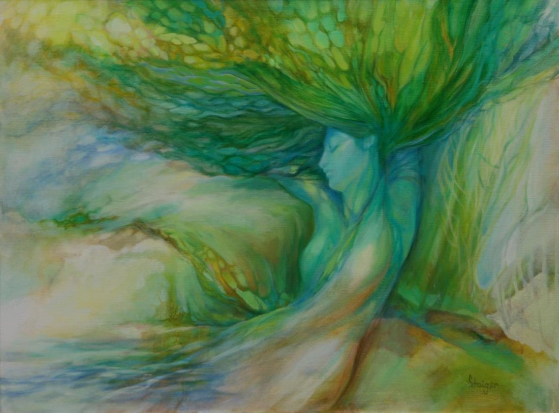 OTTO STAIGER OIL ON CANVAS OF NUDE: Otto Staiger (SWISS, 1894-1967) oil painting on canvas depicting a female forming a tree with green and brown tones. Signed to lower right. Mounted in metallic gold frame. Measures 30in (76.2cm) Heigh