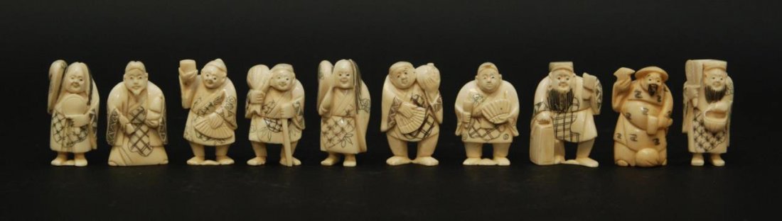 10 CHINESE CARVED AFRICAN IVORY NETSUKE FIGURES: 10 Chinese hand carved polychromed African ivory netsuke figures. 8 figures signed to bottom. Each measures approx. 2" height (5.1cm). Total weight of 196 grams.