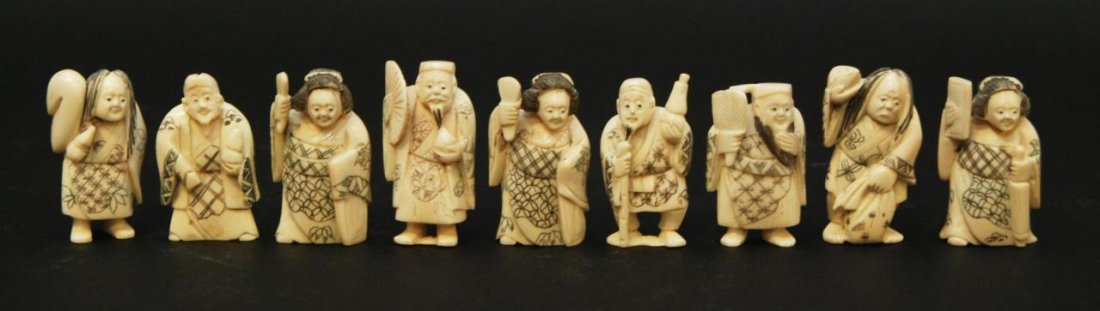 JAPANESE CARVED AFRICAN IVORY NETSUKE FIGURES: 9 Japanese carved and polychromed African ivory netsuke figures depicting the 7 immortals (lot also includes two extra duplicate immortal figures equaling 9 figures). All figures signed to bottom. Eac